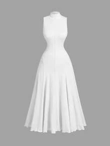 SHEIN MOD 大码杏色高领无袖连衣裙，适合女士穿着，秋季长裙，邮轮度假装，优雅连衣裙，晚礼服，秋季女装，舞会礼服，万圣节礼服，返校节礼服，沙滩装，长款连衣裙，复古连衣裙 - 白色 - 查看 1