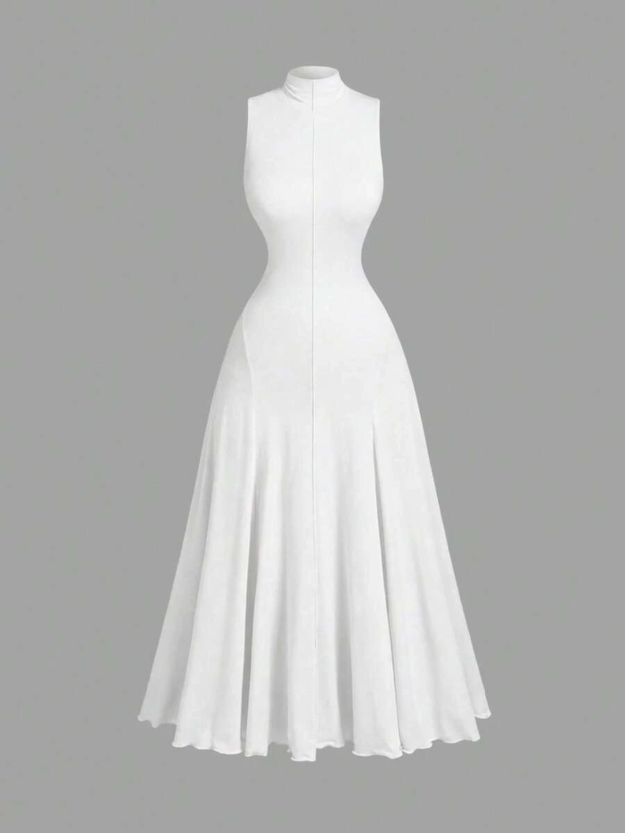 SHEIN MOD 大码杏色高领无袖连衣裙，适合女士穿着，秋季长裙，邮轮度假装，优雅连衣裙，晚礼服，秋季女装，舞会礼服，万圣节礼服，返校节礼服，沙滩装，长款连衣裙，复古连衣裙 - 白色 - 查看 1