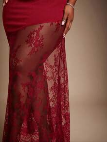 Radiana Plus Size Women's Red Asymmetric Patchwork Sheer Lace Hem Waist Cinched Dress, Suitable For Valentine's Day, Party Strapless Red Dress - Red - View 6