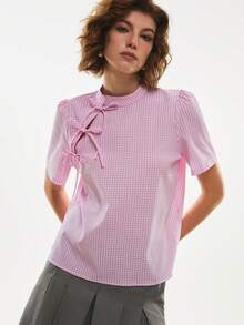 Poéselle 女士休闲格子系带泡泡袖衬衫，夏季 - 彩色 - 查看 5