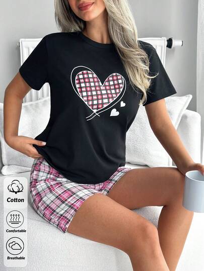 EURMUSE Cotton Heart Printed SHORT Sleeve Shrit& Plaid Pattern SHORT Sleep Pants Homewear Lounge Pajama Set For Ladies Pj Sets For Women Short Sleeve Lounge Short Sets For Women Heart Pajama Set Womens Short Sets Pj Sets For Women Black