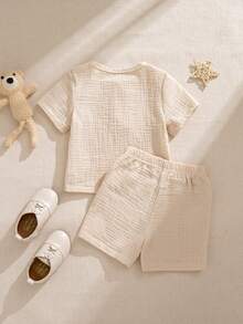 Souflis Souflis 2件套可爱小熊图案男婴法式休闲短袖T恤和裤子套装 - 杏色 - 查看 6