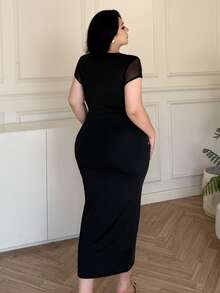 Vibekara 大码网纱拼接收腰修身短袖长裙 - 黑色 - 查看 2