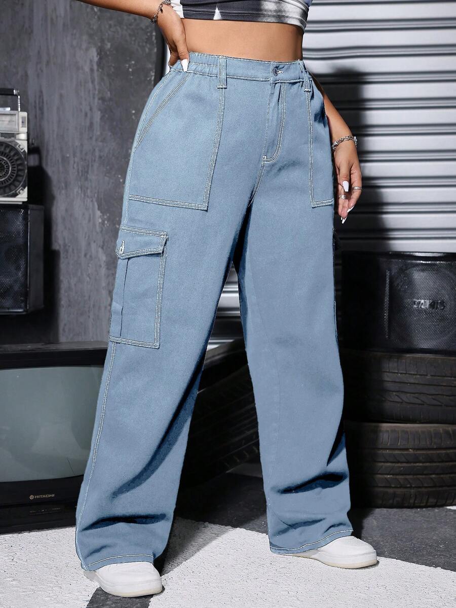 Jeans cargo lavados con cintura elástica, talla grande - Lavado ligero - Ver 1