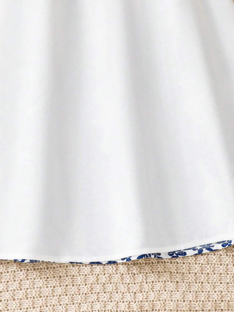 SHEIN 少女碎花流苏饰边立领休闲连衣裙 - 白色 - 查看 9