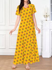 Al Najma Women's Ditsy Floral V-Neck Short Sleeve Dress, Elegant, Spring/Summer Yellow Dress Women Floral Print Dress, Yellow Maxi Dress Women, Yellow Flower Dress Fruit Dress - Multicolor - View 3