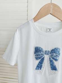 SHEIN 少女可爱3D蝴蝶结白色T恤，休闲百搭，适合各种场合 - 白色 - 查看 4