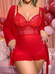 Bộ đồ lót gợi cảm 3 món cỡ lớn có gọng, thích hợp cho Ngày Valentine. - Đỏ - Xem 6