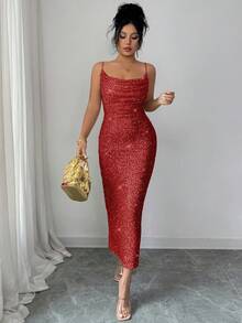 Elenzga 女士亮片细肩带可调节露背垂褶领口褶皱腰身中长连衣裙，优雅法式复古街头风简约时尚，适合冬季、万圣节、圣诞节、感恩节、下午茶派对、半正式场合、性感派对舞会、秋冬季穿着。 - 紅色 - 查看 5
