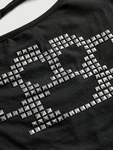 ROMWE Grunge Punk Camiseta corta suelta con decoración de remaches metálicos y recortes desgastados - Negro - Ver 4