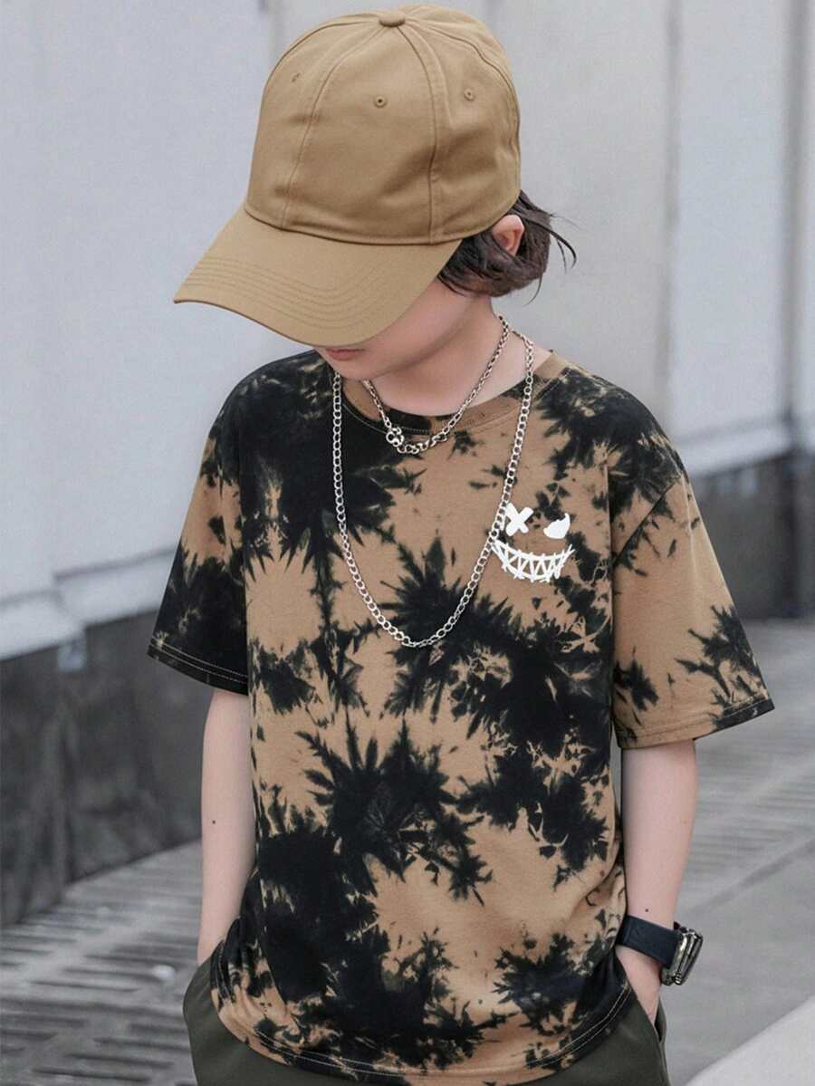SHEIN Tween Boy Tie-Dye Print Pattern Crew Neck Short Sleeve Pullover Knit T-Shirt,Kids - Camel - View 1
