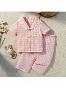 Loomiva 2件套女婴彩色格子领长袖开衫衬衫和松紧腰裤套装 - 粉色 - 查看 7