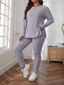 SHEIN Cottnline Plus Size Comfortable Knit Ribbed 2 Pieces Set - Lilac Purple - View 7
