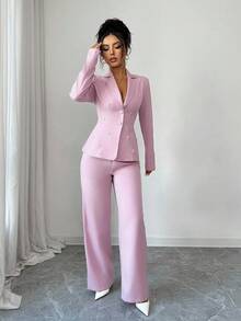 Elenzga Bộ vest thanh lịch dành cho nữ có cổ ve, tay dài, đính ngọc trai, áo suông và quần ống đứng - Hồng - Xem 5