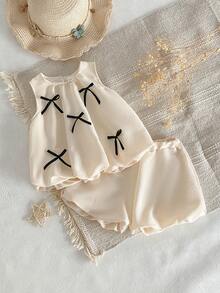 2件套女婴优雅纯色杏色无袖短裤和T恤套装 - 杏色 - 查看 5