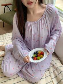 Dazy Plus 两件套可爱卡通印花宽松睡衣套装，长款上衣和长裤，适合春夏秋季穿着。 - 紫色 - 查看 7
