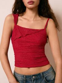 Easelle Blusa de moda con diseño asimétrico de encaje rojo para mujer - Rojo - Ver 5