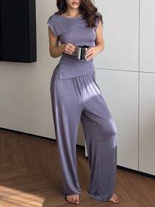 DAZY Shiny Knit Fabric Gathered Waist Top & Loose Drawstring Pants Women's Pajama Set - Purple - View 7