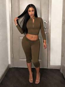 Slaydiva Neuer Frühlingsanfang, Frühlings- und Sommerfestival, Valentinstag, Ostern Lässig, einfacher und Basic Stil, Y2K Street Sweet, tägliches Date, Hot Girl Stil, sexy, sportlich und stilvoll, kleiner Stehkragen, halbe Öffnung Revers, Reißverschluss Stil, langärmliges Top + enge Hose, 3/4 Hose, Hasselblad Faden Dekoration, graubraunes Set für Frauen, Zweiteiler - Kaffeebraun - Übersicht 8
