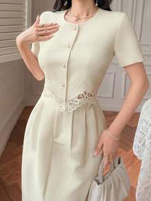 DAZY 女士优雅蕾丝拼接圆领上衣和半裙两件套，春夏款 - 白色 - 查看 3