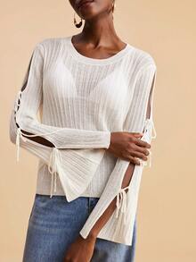 Travachic Women's Casual White Semi Sheer Ribbed Knit Top With Lace Up Back And Bell Long Sleeves - White - View 6