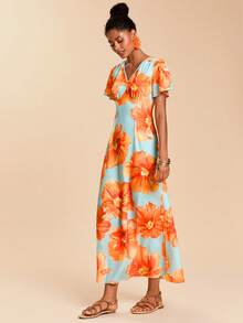 SHEIN TRVLCHIC 女士印花V领荷叶袖收腰度假连衣裙，夏季 - 彩色 - 查看 7