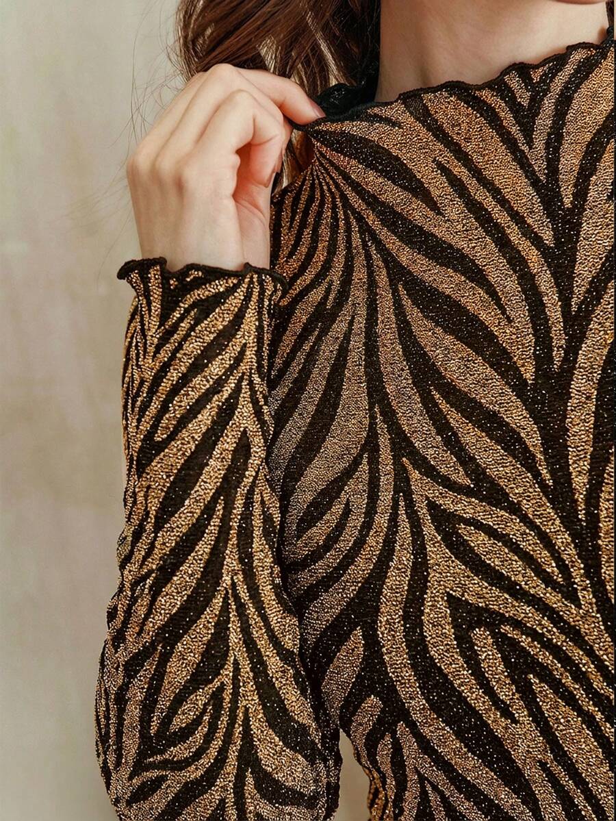 Anewsta Áo thun dài tay ôm dáng màu đen thanh lịch, cổ cao, chất liệu vải dệt kim, xếp ly màu bạc và vàng, dành cho nữ, thích hợp cho mùa thu. - Rượu sâm banh - Xem 1