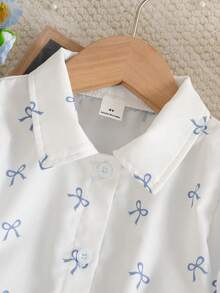 Girls' Butterfly Print Cute Shirt + Adorable Bowknot Blue Washed Denim Jeans - Multicolor - View 4