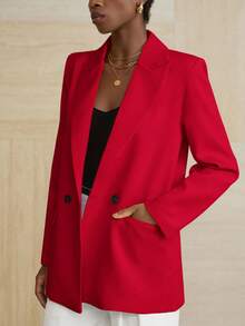 Aveloria Modichic Women's Business Style Solid Color Double-Breasted Blazer Jacket For Commuting, Autumn  - Red - View 6