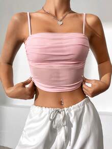 SHEIN EZwear 夏季粉色撞色网纱露脐上衣 - 粉色 - 查看 4