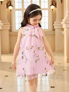 SHEIN Young Girls Bow Collar Doll Dress Princess Dress, Casual & Fashionable For Daily Wear, Photo Shoot, Outings, Versatile - Pink - View 4