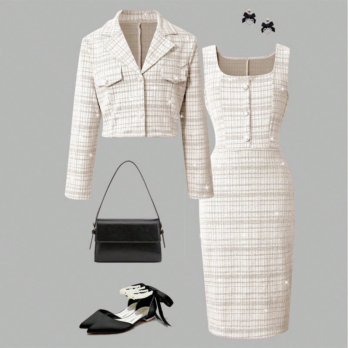 Conjunto de 2 piezas de chaqueta corta de tweed elegante + vestido ajustado sin mangas para niñas, conjunto de vestir elegante para primavera y otoñ