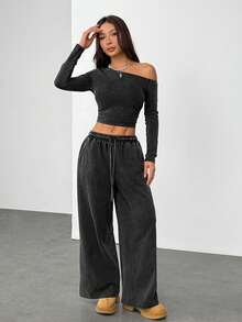 SHEIN PETITE Women's Daily Wear Essentials Knit Stretchy Comfy Asymmetrical Neck Long Sleeve Tops And Wide Leg Sweatpants Tracksuit Two Pieces Outfits Casual Two Piece Set Comfortable Two Piece Set - Black - View 10