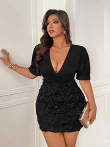 Femmeverse Vestido mini ajustado de satén con cuello en V y manga corta, con parches florales 3D para mujer de talla grande - Negro - Ver 9