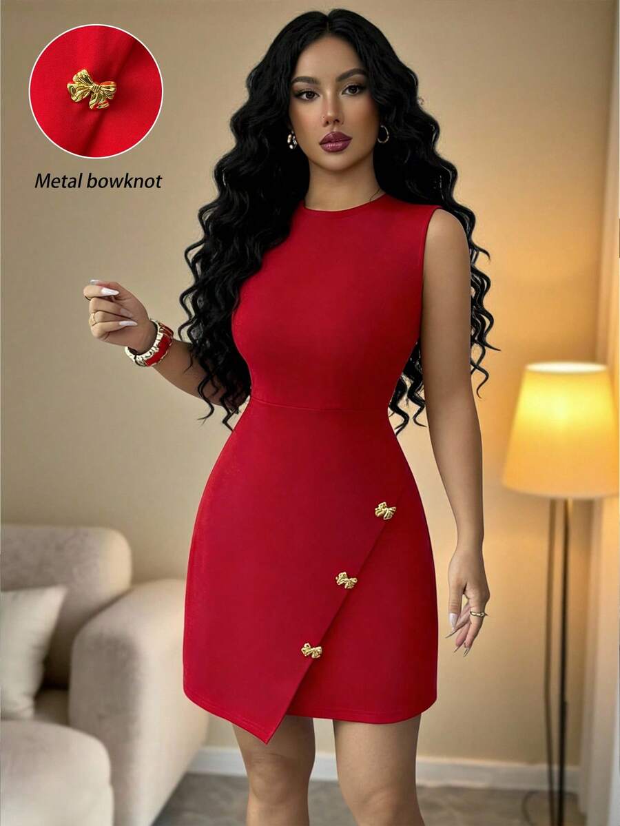 Selianne 女士无袖圆领纯色中长A字连衣裙，修身腰部金属蝴蝶结优雅开衩连衣裙，夏季 - 紅色 - 查看 1