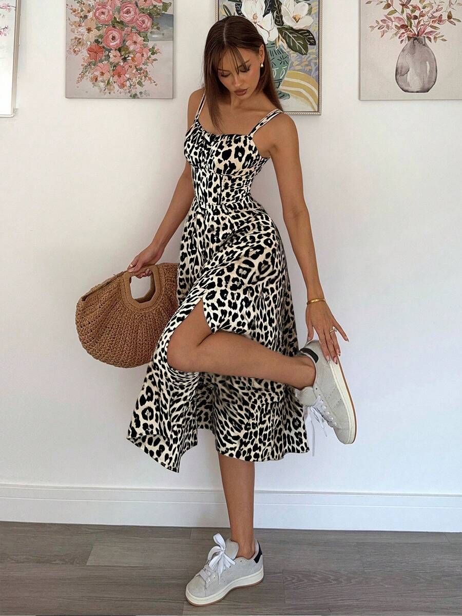 Siren Gaze 女士豹纹系带开衩设计时尚度假派对中长吊带裙春季穿搭女士春假穿搭长款夏季连衣裙女士夏季穿搭女士沙滩裙女士生日穿搭女士休闲连衣裙女士度假穿搭女士豹纹连衣裙 - 彩色 - 查看 1