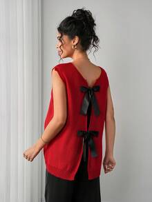 SHEIN 孕妇针织背心，宽松版型，后背蝴蝶结设计，纯色针织背心 - 紅色 - 查看 2