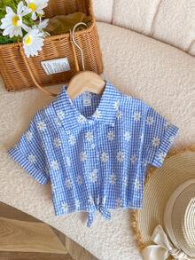 Genkimix Kids 女童韩版简约清新蓝白格子雏菊印花宽松露肩短袖衬衫，下摆系带，春夏休闲装 - 藍色 - 查看 4