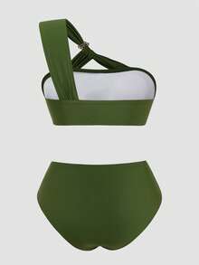 Sweetra 大码女式纯色不对称领口褶皱上衣和高腰褶皱三角泳裤绿色比基尼两件套泳衣 - 綠色 - 查看 2