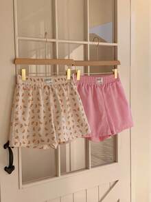 CovetEZ 2 Pcs Women's Elastic Waist Striped Print Patch Casual Versatile Shorts Sleepwear Shorts Croissant Print Shorts Striped Shorts Pajama Shorts Cute Shorts Comfortable And Sweet Shorts For Casual Wear At Home; Loose Fit; Stylish And Versatile. - Multicolor - View 6