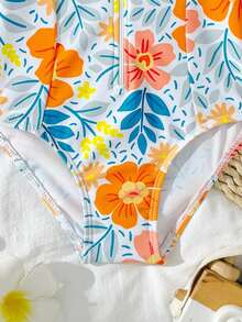 Young Girl Floral Print Raglan Long Sleeve Rash Guard One-Piece Swimsuit,Front Zipper UV Protection Bathing Suit For Summer,Beach,Holiday,Pool Party - Yellow - View 5