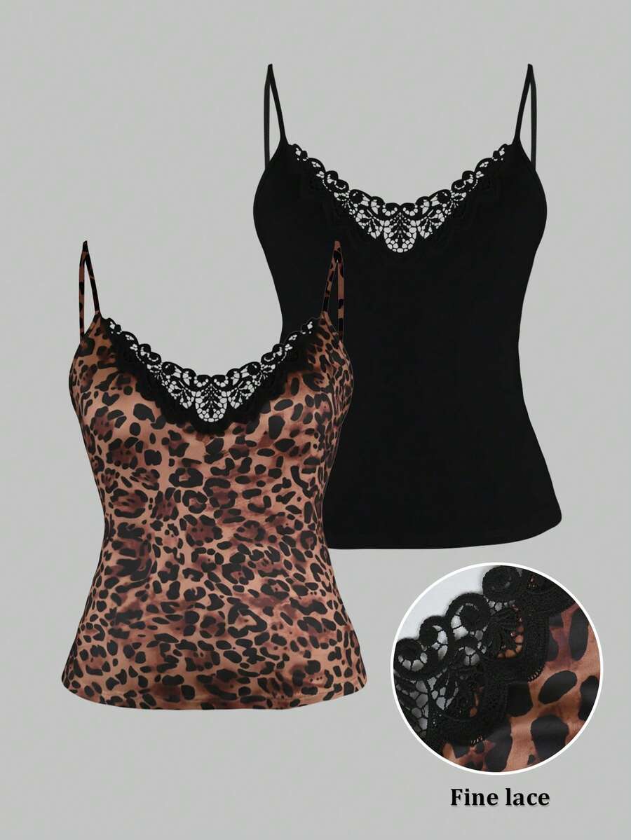 SHEIN LUNE 大码女式蕾丝拼接两件套豹纹花卉印花吊带背心，休闲百搭背心 - 彩色 - 查看 1