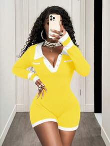 BamGleam Women's Contrast Color Collar Long Sleeve Casual Knitted Romper - Yellow - View 4