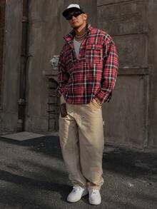 DAZY Spring Red Plaid Fabric Loose Men's Shacket Vacation - Red - View 6