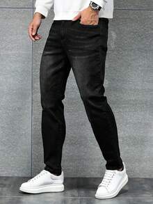 Manfinity Homme 加大码男士经典深蓝色修身复古休闲牛仔裤，四季皆宜 - 黑色 - 查看 3