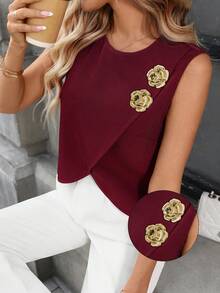 SHEIN LUNE Women's Casual Metal Button Sleeveless Shirt, Burgundy Valentine's Day Valentine Outfits For Women Summer Clothes Summer Tops Casual Blouses For Women Red Top - Burgundy - View 1