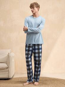 EverLounge Herren Pyjama Set mit einfarbigem Rundhals Langarmoberteil und karierter Hose - Minzgrün - Übersicht 5