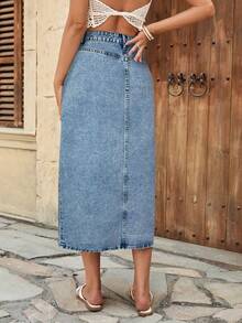 Falda vaquera casual con botones para mujer, azul de verano para mujer, falda vaquera, falda para vacaciones, playa para mujer, concierto para mujer, estilo bohemio, falda larga para mujer - Lavado ligero 2 - Ver 2
