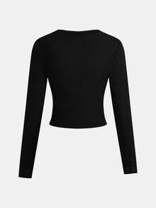 SHEIN Girlism 2pcs Tween Girls Loose Casual Embroidered Bow Tie Collar Simple Comfortable T-Shirt And Flare Pants Set - Black - View 6