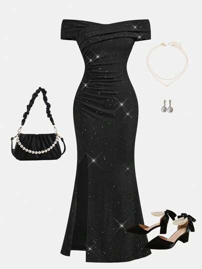 SHEIN Vestido de fiesta para adolescentes, vestido maxi ajustado con encaje sin mangas, falda con dobladillo de cola de pez, hombros descubiertos con pliegues en la cintura y cruzado por delante, con detalles de lentejuelas negras, elegante para fiestas, reuniones familiares importantes, adecuado para varias ocasiones, estilo de vuelta al colegio/campus, apropiado para fiestas, ir de compras con estilo, adecuado para bodas, fiestas de cumpleaños, bailes de graduación y eventos de dama de honor, vestido de noche con abertura muslo fruncida para bailes de graduación